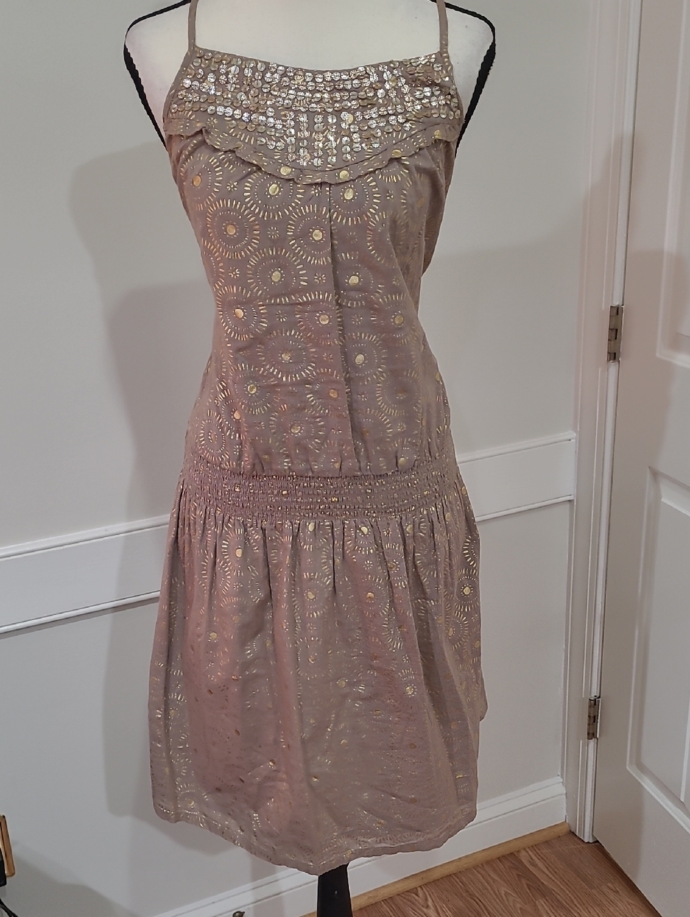 Old Navy Vintage-Inspired Beaded Taupe Sunburst Spaghetti-Strap Dress - Size S